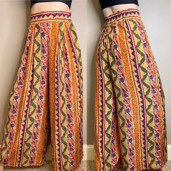 Vintage Pants - Vintage 90s 100% silk geometric colorful print palazzo wide leg pants orange S